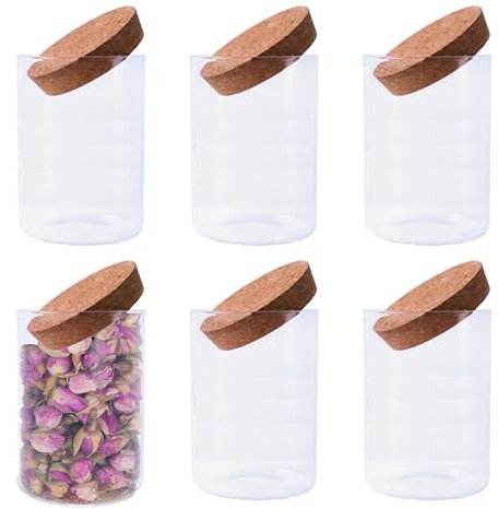 Lizzy Set of 06 Glass Jar with Cork Lid | Round Glass Bottles with Stoppers for Herb Storage, Small Spice Containers for Tea, Jelly, Candy, Potions, Wedding, Favors (600ml)