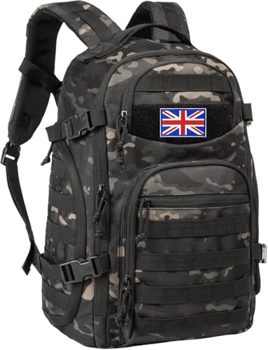 TRAILKICKER 35L Tactical Laptop Backpack Military Molle Army Assault Pack 3 Day Bug Out Bag Hiking Treeking Camouflage Hunting Backpack for Men w/United Kingdom Flag Patch - Camo