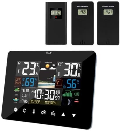 XINHAN Estación Meteorológica Reloj Despertador multifunción termómetro higrómetro Funcionamiento de Pantalla táctil con Sensor inalámbrico for Exteriores(with 3pcs Sensor)
