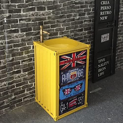 Mobile da bagno in stile industriale moderno con rubinetto per lavabo e mobiletto autoportante in metallo per bar, caffetteria, biblioteca o bagno, colore giallo