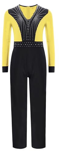 Hedmy Kinder Jumpsuit Jungen Overalls Langarm Bodysuit Ganzkörperanzug Turnanzug Einteiler Trikot Eiskunstlauf Kostüm Gelb 170