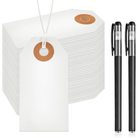 VZU 100 Stück Weißer hängender Tag, 35 * 70 MM Kleine Preisschilder, Geschenketiketten, Schmuck-Preisschilder, Geschenkanhänger Schreibpapier, Anhänger mit Schnur, für Weihnachten, Hochzeit, Schmuck