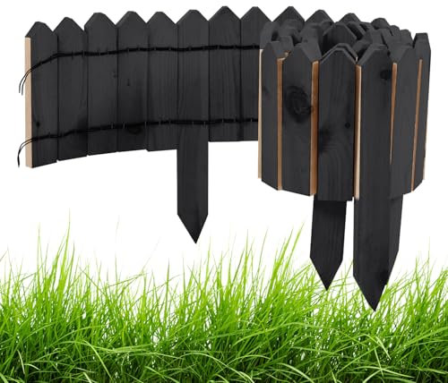 Jayseuw Rasenkante Beetumrandung Rasenkante Holz Flexibler Holzzaun Gartendeko Gartenpalisade für Beeteinfassung, Mähkante Rollborder, Steckzaun Blumenbeet,Anthrazit,Höhe 20 cm