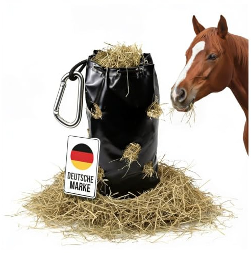 Dönges Haybag mit Karabiner Heubeutel Heunetz Heusack Heutasche Futterbeutel mit 8 cm Löchern Rauhfutterbehälter Beschäftigungssack Aufbewahrungsbeutel ca. 9 kg Füllmenge