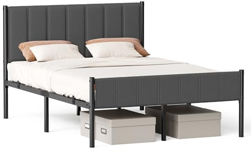VASAGLE Double Bed Frame, 135 x 190 cm, with Upholstered Headboard, Metal Bed Frame, 500 kg Weight Capacity, Easy Assembly, Slate Grey RMB976G02