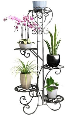 Supporto per fioriere vintage in metallo con 4 ripiani per piante in vaso, nero, mezzo arco, scala per fiori, per terrazza, portico e decorazione d'interni (nero Dimensioni: [dimensione rt])