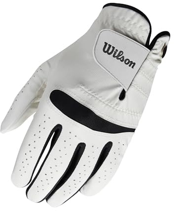Wilson Feel Plus Herren-Golfhandschuh, Premium-Leder, Verbesserter Grip und Schweißkontrolle, Weiß, Größe L (Linke Hand)