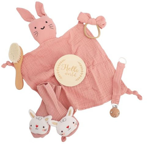Baby Set Neugeborene, Neugeborenen Geschenk Mädchen Newborn Geburt Gifts Babygeschenke Shower Party Set Lätzchen Meilenstein Haarband Babybürste Socken Schnullerhalter Spielzeug Souvenir Box