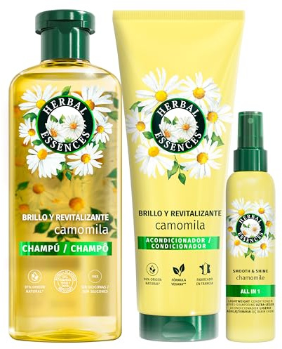 Herbal Essences Camomila Brillo & Revitalizante Champú 350ml + Acondicionador 250ml + Spray Acondicionador Ligero 145ml. Aporta Suavidad al Pelo