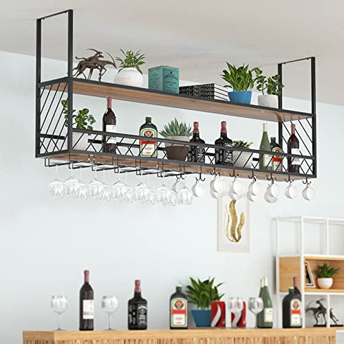 Support de Plafond pour Verres à vin – Étagère à Verres à vin Suspendue avec Planche en Bois If, étagère à Verres à Pied en métal, étagère à vin multifonctionnelle pour Bar, café, Cuisine (coule