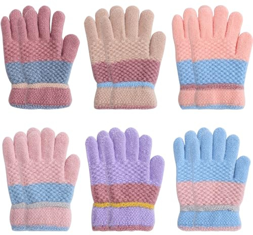 Fjquamitix 6 Pairs Kids Winter Gloves Knitted Colorful Thermal Gloves Stretchy Full Fingers Warm Glove for Children Boys Girls Ages 5-10 (Girls)