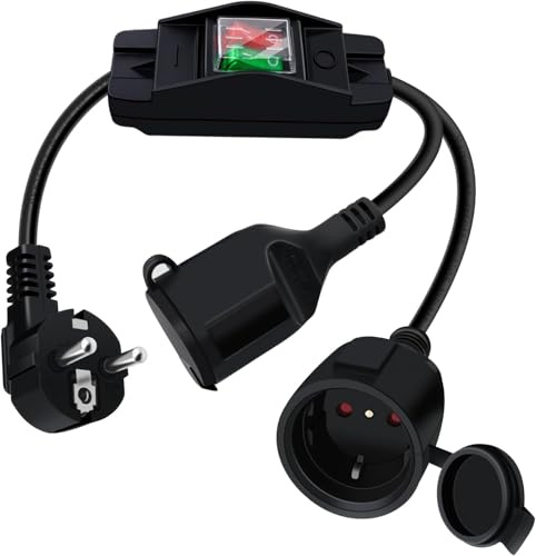 HuaLiSiJi Prolunga Doppia Schuko con Interruttore 16A 250V Cavo di Prolunga con 2 Prese Schuko Cavo di Prolunga IP44, per Esterni o Interni per Esterni o Interni (Nero, 1 m)
