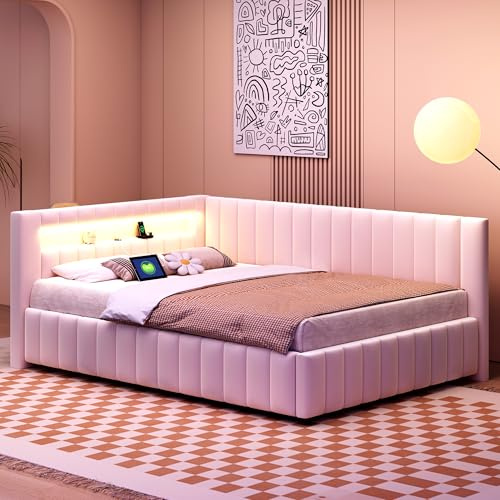 LANTRO JS Schlafsofa, Gepolstertes aus Samtstoff, LED Beleuchtung, Ecksofa mit Schlaffunktion, L förmiges Sofa, Polsterbett 140x200cm, Beige