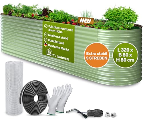 TTL GARDEN 320x80x80cm Nature XL Metall Hochbeet Salbeigrün Stahl verzinkt | - Rostfrei verzinkt lackiert Wellblech oval 80cm hoch sehr stabil Garten Beet für Gemüse Kräuter Blumen Gartenbeet Gemüsebeet