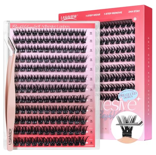 LASHVIEW Selbstklebende Wimpernbüschel, Aufklebe-Wimpern mit Wimpernpinzette, kein Kleber erforderlich, natürliches selbstklebendes DIY-Wimpernverlängerungsset, 144 Stück (Z01), 10-16 mm