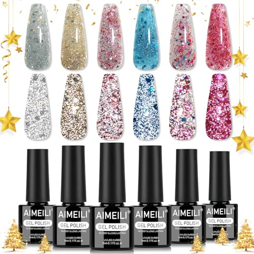 AIMEILI UV Nagellack Set Glitzer 6 Farben Reflektierendes Glitzer Funkelndes Silber Gold Rosa Blau Lila UV LED Soak Off Color Gel Set 5ml Nail Art Nageldesign Kit 6-109 | Soak Off Gel Nail Polish für Frühling Sommer Herbst Winter, Home Nagelstudio DIY Nail Art, Perfekt für Deinen Alltag