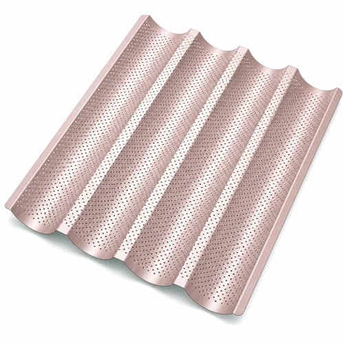 Perforated Baguette Pan, 15-Inch 4 Wave Loaves Non-Stick Ultra-Ventilate French Bread, Hot Dog Buns, Sourdough, Italian Bread Tray 2.8-Inch Channel for Oven Baking 14.8 x 14.2 - Champagne Gold
