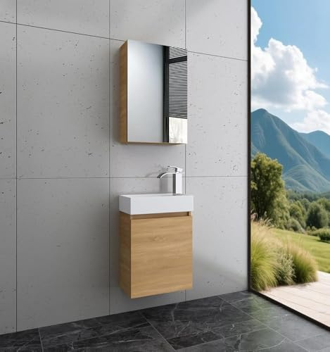Faizee Home | Badmöbel Set Eiche – Waschtisch mit Unterschrank, Keramik-Waschbecken & Spiegelschrank | Ohne Armatur | Modernes Badezimmermöbel mit Stauraum & elegantem Design