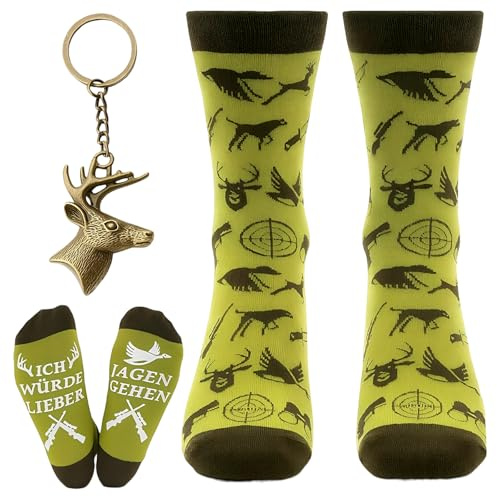 Znnhnn Jäger Geschenke Set,Socken Lustige Männer 39-45 Mit Schlüsselanhänger,Jag dzubehör,Jagdsocken, Winter Jagdbekleidung, Geschenk Jäger, Lustige Geschenke für Männer