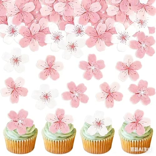 60Pcs Flower Cake Decorations, Flowers for Cupcake Topper, Cherry Blossom Cupcake Toppers, Spring Cake Toppers Pink Wafer Paper Flowers Cakes Decorations for Wedding Birthday Party Supplies