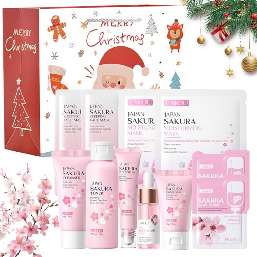 12 Pezzi Kit per la Cura della Pelle Sakura, Set Skin Care di Natale | Set con Detergente, Tonico, Crema Viso, Maschera, Mini Size da Viaggio Prodotti Skincare per Ragazze e Donne