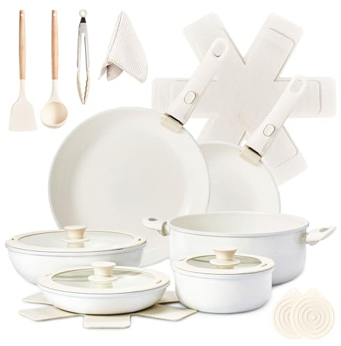 ROVSUN Batterie de Cuisine Induction 22 Pièces, Casserole Induction avec Poignée Amovible, Set de Casseroles et Poêles, 6 Casseroles, 3 Couvercles, Tout Feux, Antiadhésive, Blanc