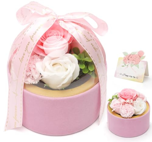 Umllpet Ramo de Jabón con Caja Redonda, Caja de Regalo Perfumada, Tarjeta de Felicitación Regalada, Regalo para Mujeres y Amigos (Rosa)