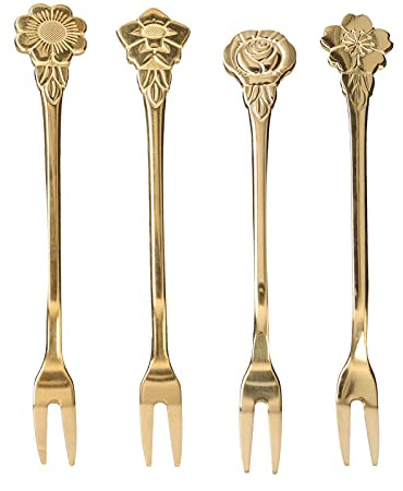 4st Fruktgaffel med 2 stift i rostfritt stål Minisallad Fruktdessertsmakningsgafflar för hemmaköksfest (Guld)