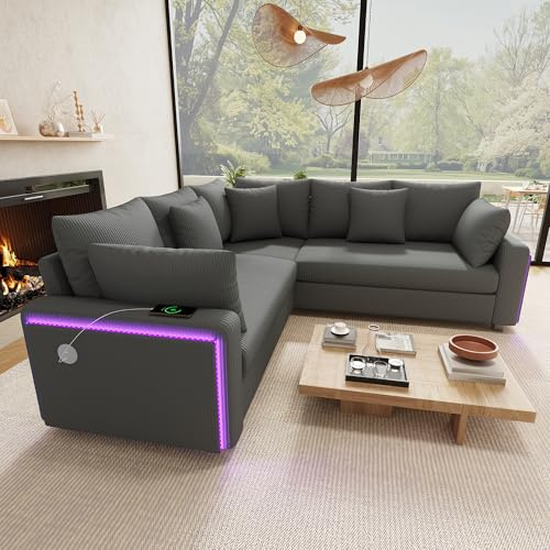 Trdlpyn Divano a 5 posti con illuminazione LED e Porta di ricarica USB, Divano angolare a L con Cuscini per Soggiorni, Tessuto in velluto a Coste (Grigio)
