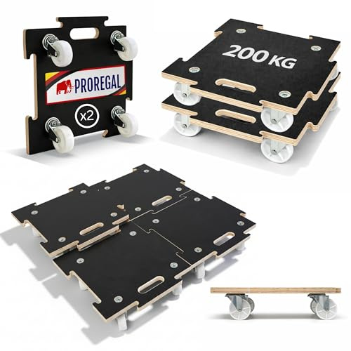 PROREGAL 2er Set Profi Transportroller Hercules modular 39x39 cm Schwerlast bis 200 kg 4 Gummirollen & Griff, Siebdruckplatte, Rollbrett Möbelroller Transporthilfe Werkstatt Möbel Umzug Reifen