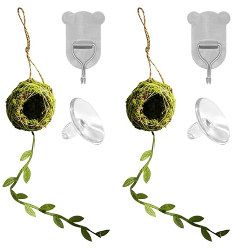 2Pcs Riparo in Muschio per Ragno Saltatore e Geco, Accessorio Terrario con Cinghia Pendente & Ganci Adesivi, Tana Naturale Fatta a Mano con Vite, Habitat Carino per Animali Arrampicatori da