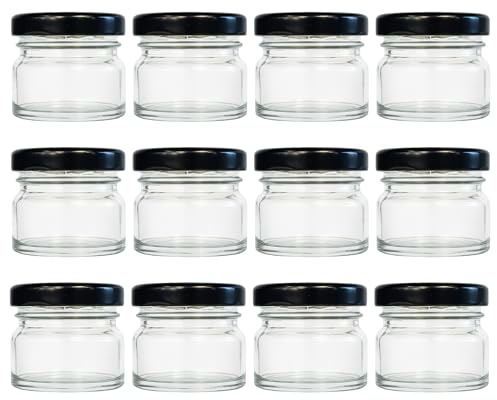 hocz 12x Mini Marmeladengläser 30 ml | mit Deckel Schwarz TO 43 | kleine Einmachgläser mit Schraubdeckel zum befüllen | Schraubgläser, Sturzgläser Set | leere Marmeladen Gläser | 12 Stück