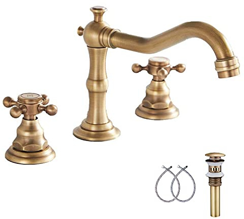 GGStudy 8 inch 2 Handles 3 Holes Widespread Bathroom Sink Faucet Antique Brass Basin Mixer Tap Faucet Matching Metal Pop Up Drain with Overflow