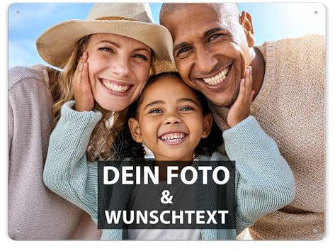 Blech-Schild mit Foto und Text selbst gestalten/Personalisierbar mit eigenem Bild als Metall-Poster / A3 (30x40cm) im Querformat/Weiss