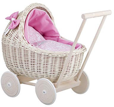 Puppenwagen aus Weide, Weiß/Creme (Pink_1)