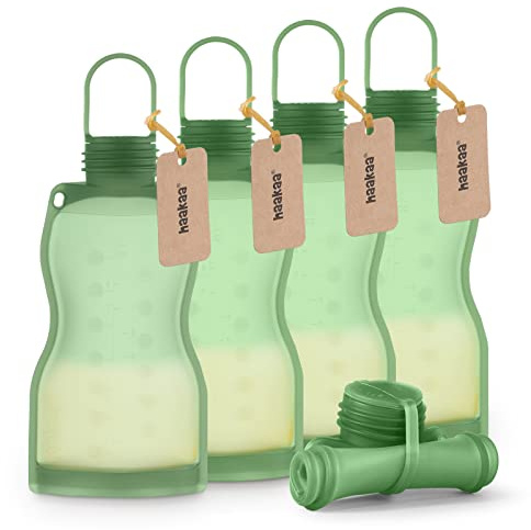 haakaa Silicone Breast Milk Storage Bag 9 oz- Reusable Milk Collector Freezer Bag for Breastfeeding Mom - Baby Food Storing Yummy Pouch - Breast Pump Bag - Self Standing -Leakproof - 5 Count,Pea Green