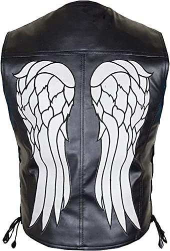 Chaleco de cuero para hombre con alas de ángel para motociclista, color negro, piel auténtica y piel sintética, Negro - piel sintética., XS