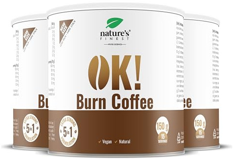 Nature's Finest Burn Coffee, Instant-Kaffee 450 g (3er Pack) | 5-in-1 Instant-Kaffee mit L-Carnitin, Guarana & Holunder auf Reisdrink-Basis - schnell gemixt, vegan