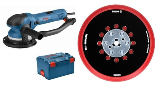 Bosch Professional Exzenterschleifer GET 75-150 (750 W, Schleifteller-Ø: 150 mm, in L-BOXX) + 1x Expert Multihole Universalstützteller (Version mittel, Ø 150 mm, Zubehör Exzenterschleifer)