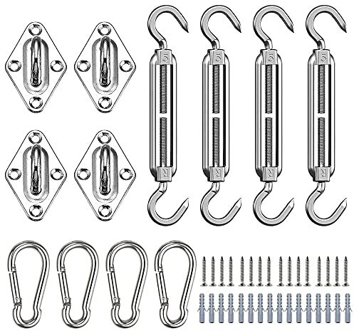 Sonnensegel Befestigung Set, Edelstahl Karabiner und Augplatte mit Öse, Seilspanngarnitur Drahtseil Spanner Sonnensegel Zubehör Kit Markise Befestigung Montage Werkzeug mit Schrauben
