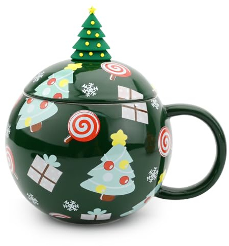 Weihnachtsbecher Keramik, 430ml Neuheit Weihnachtstasse Weihnachten Kaffeetasse mit Deckel und Löffel Süße tassen Weihnachten Becher Kaffee Teegläser Trinkgläser Kaffeeg (grün)