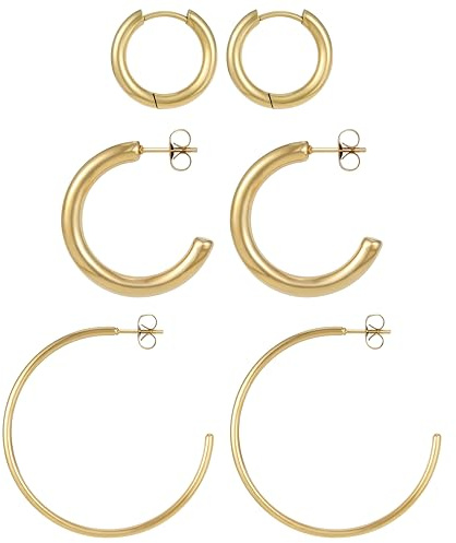 BONNYBIRD® Creolen Gold Set Edelstahl Groß Damen Goldene Ohrringe Breit Dünn Klein Ohrstecker Frauen Wasserfest Schmuck Vergoldet Hypoallergen Medizinischer Chirurgenstahl Nickelfrei Goldschmuck