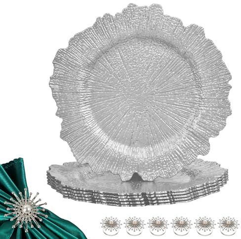 Vintage Design Silver Charger Plates n Pearl Diamante Napkin Rings, 6pcs | Set of Plates and Napkin Rings Ideal for Thanksgiving , Wedding, Dinner Party, Event and Table Decoration