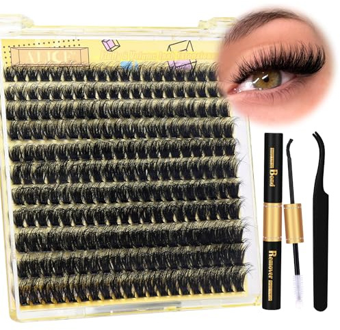 ALICE Lash Clusters Kit Fluffy Volume Lash Extension Kit 3D Wispy Natural DIY Eyelash Extension Kit with 220Pcs Individual Lashes, Lash Bond and Remover,Tweezers(10-16mm,0.05D, D Curl)