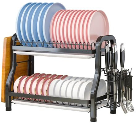 Heikoeco® Abtropfgestell Geschirr, Geschirrabtropfgestell, Abtropfgestell, V2A Edelstahl, mit Zubehör und Abtropfgitter für Küche (schwarz, 2 Ebenen)
