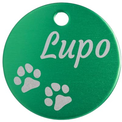 Unikat Branding Hundemarke mit Gravur personalisiert, Grün, 30 mm | Adressanhänger und Namensschild für Hund, Katze, Welpe, Anhänger fürs Hundehalsband, beidseitig graviert mit Telefonnummer