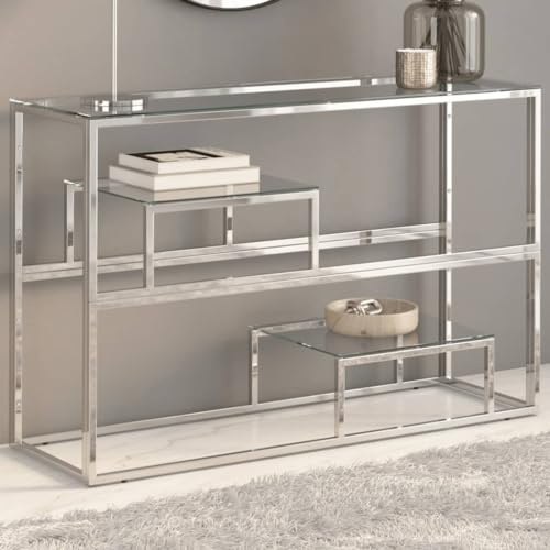 Gecheer Konsolentisch Beistelltisch Sofatisch Eingangstisch Flurtisch für Wohnzimmer Flur Silbern Edelstahl und Hartglas