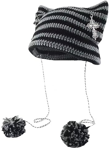 Alaurbeauty Damen Cat Beanie Katzenohren Crochet Slouchy Mütze mit Pompons für Frauen Mädchen Winter Warm Knitted Hat Y2k Vinatge Grunge Accessoires