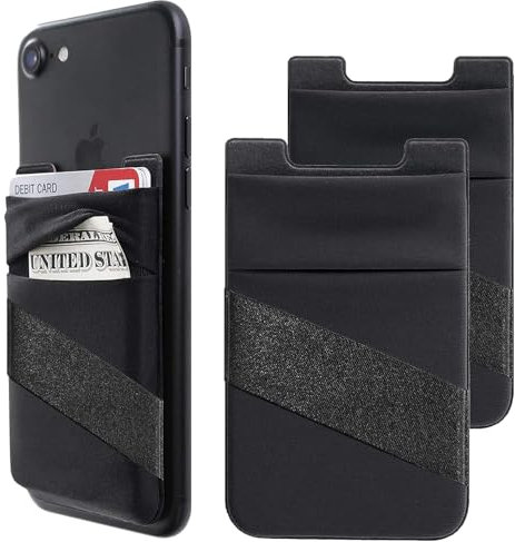 Mizi (2 Pack Adhesive Phone Stretchy Wallet, Card Holder for Back of Phone Stick on Cases, Unique Double Pocket Design + Finger Strap for iPhone/Android/Samsung Galaxy - Black