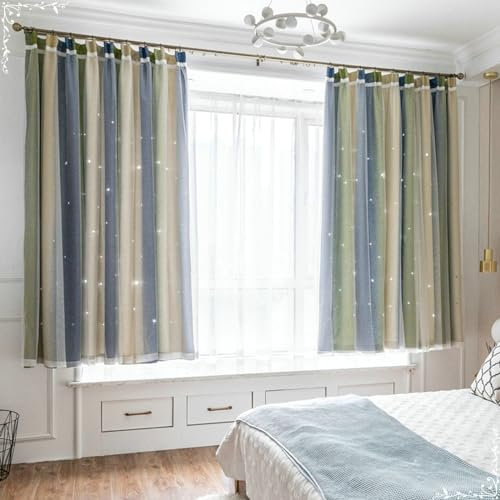 Gualiy Verdunklungsvorhänge 2er Set, Blickdichte Vorhänge Haken 107x132CM Hohl Stern Farbverlauf Doppelschicht Vorhang Blau Gelb Grün Vorhänge für Balkon